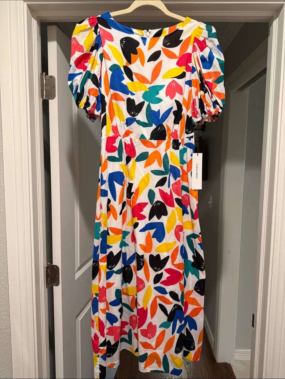 Calvin Klein Multicolor Leaf-Print Puff-Sleeve Midi Dress
